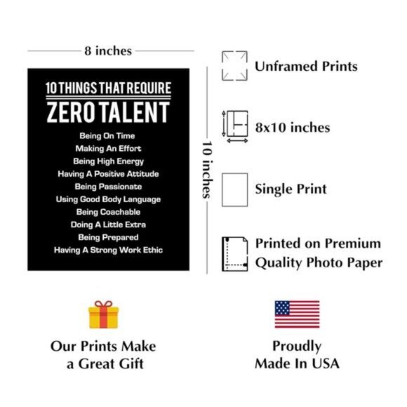 10 Things That Require Zero Talent- Motivational Wall Art Print, Inspirational - Picture 2 of 9